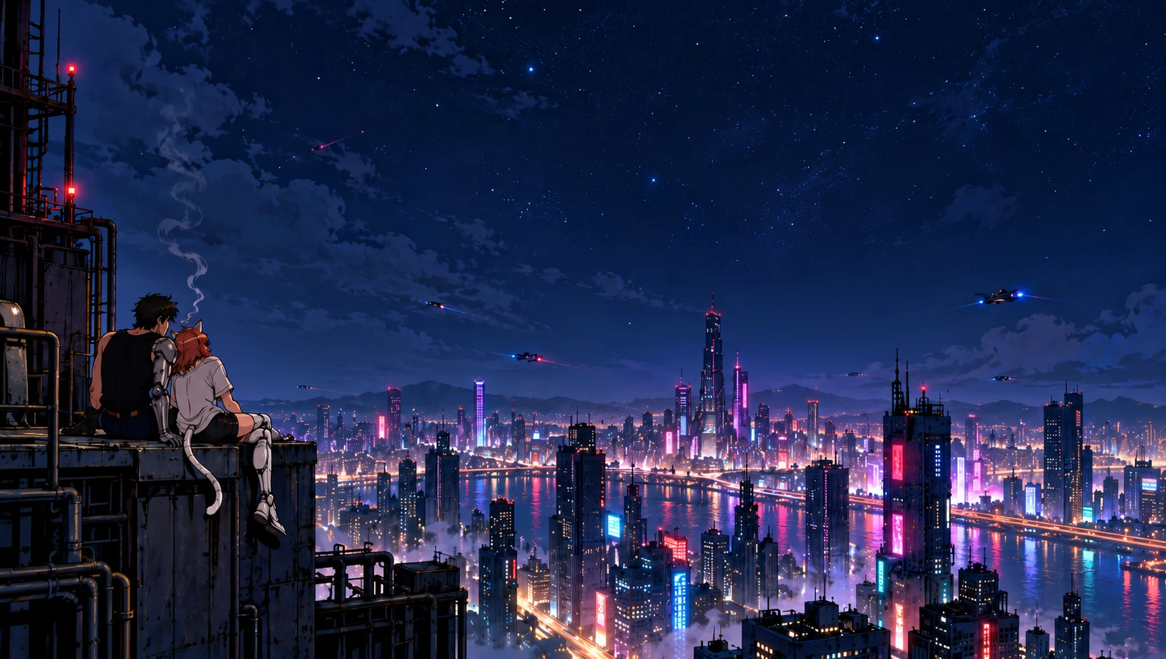 Two figures sit on a rooftop above a neon city at night